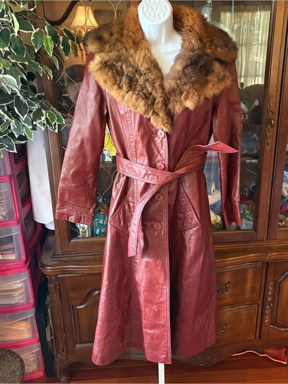 Vintage 70s Red Leather Penny Lane Fur Collar Trench Coat Jacket Women’s 11/12
